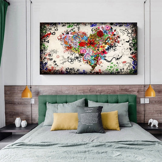 Modern Art Colourful Heart Flowers Canvas Wall Art-GraffitiWallArt