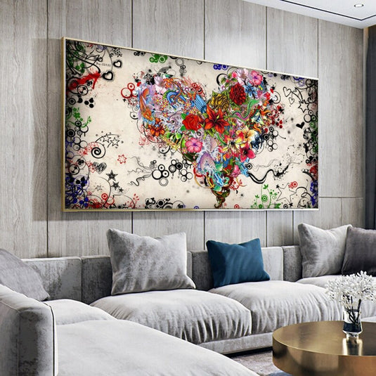 Modern Art Colourful Heart Flowers Canvas Wall Art-GraffitiWallArt