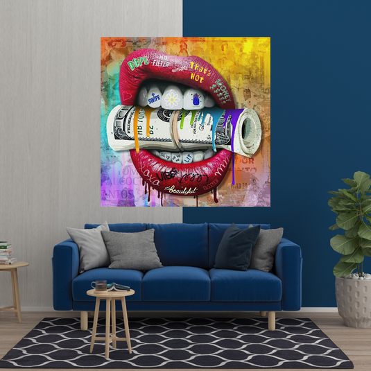 Money Lips Graffiti Canvas Wall Art-GraffitiWallArt