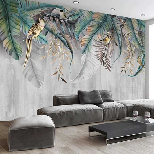 Nature's Symphony: Plant Leaves Birds Wallpaper-GraffitiWallArt