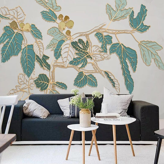 Nordic Golden Embossed Line Leaf Wallpaper for Home Wall Decor-GraffitiWallArt