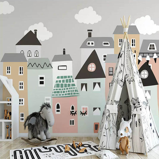 Pastel Color Houses Theme Nursery Wallpaper-GraffitiWallArt