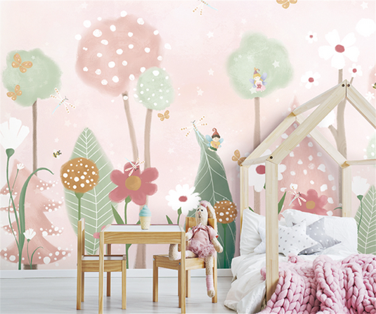 Pink and Green Shade Forest with Fairies Flying Nursery Wallpaper-GraffitiWallArt