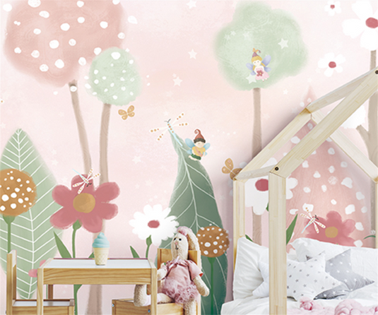 Pink and Green Shade Forest with Fairies Flying Nursery Wallpaper-GraffitiWallArt