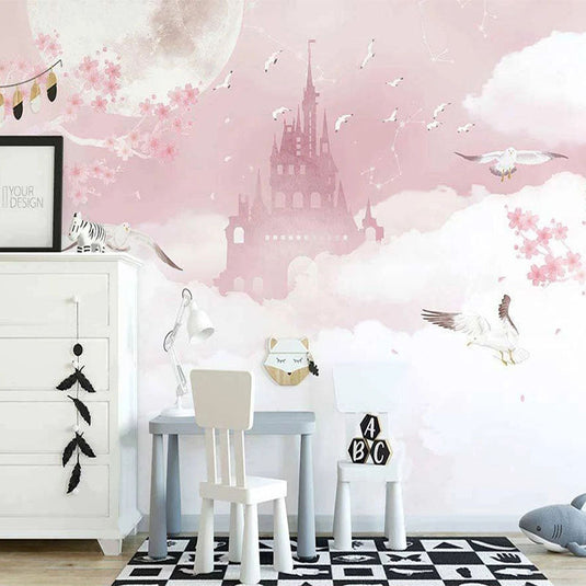 Pink Castle in Clouds Nursery Wallpaper-GraffitiWallArt