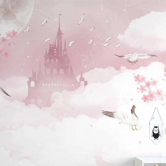 Pink Castle in Clouds Nursery Wallpaper-GraffitiWallArt