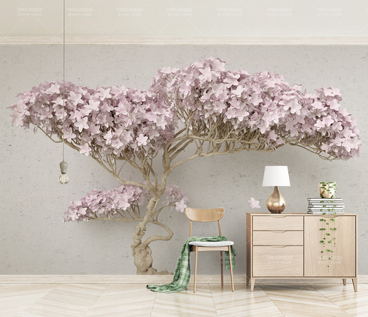 Pink Flowers Design Theme - 3D Tree Wallpaper Murals-GraffitiWallArt