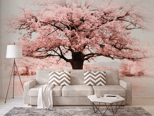 Pink Flowers Tree Wallpaper Murals-GraffitiWallArt