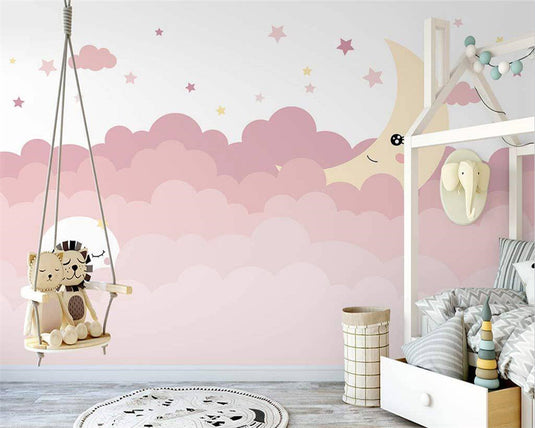 Pink Shade Cloud Waves and Moon Nursery Wallpaper-GraffitiWallArt