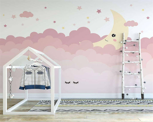 Pink Shade Cloud Waves and Moon Nursery Wallpaper-GraffitiWallArt