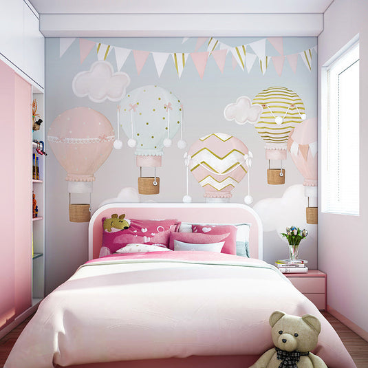 Pinkish Sky with Air Balloons Nursery Wallpaper-GraffitiWallArt