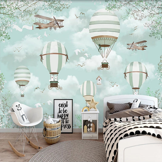 Polar Bears Flying on Air Balloons Nursery Wallpaper-GraffitiWallArt