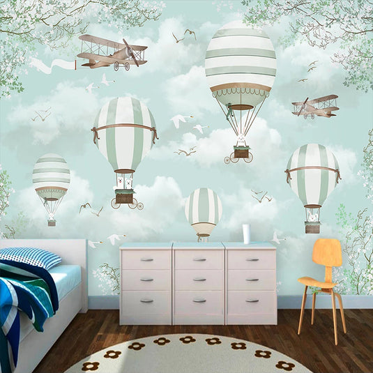 Polar Bears Flying on Air Balloons Nursery Wallpaper-GraffitiWallArt