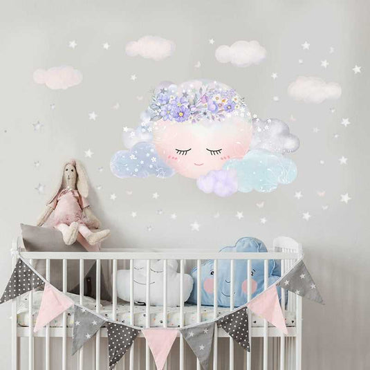 Purple Flower Sleeping Moon Clouds and Stars Wall Sticker-GraffitiWallArt