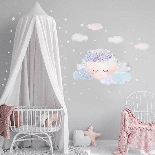 Purple Flower Sleeping Moon Clouds and Stars Wall Sticker-GraffitiWallArt