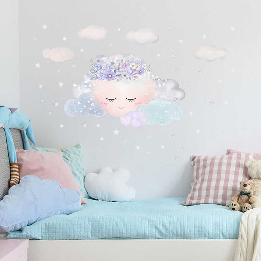 Purple Flower Sleeping Moon Clouds and Stars Wall Sticker-GraffitiWallArt