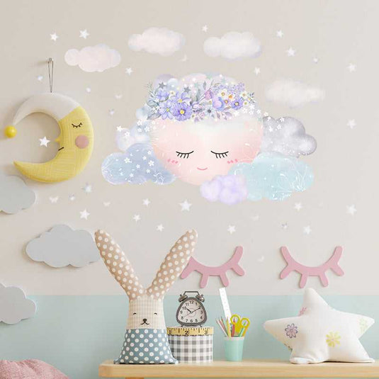 Purple Flower Sleeping Moon Clouds and Stars Wall Sticker-GraffitiWallArt