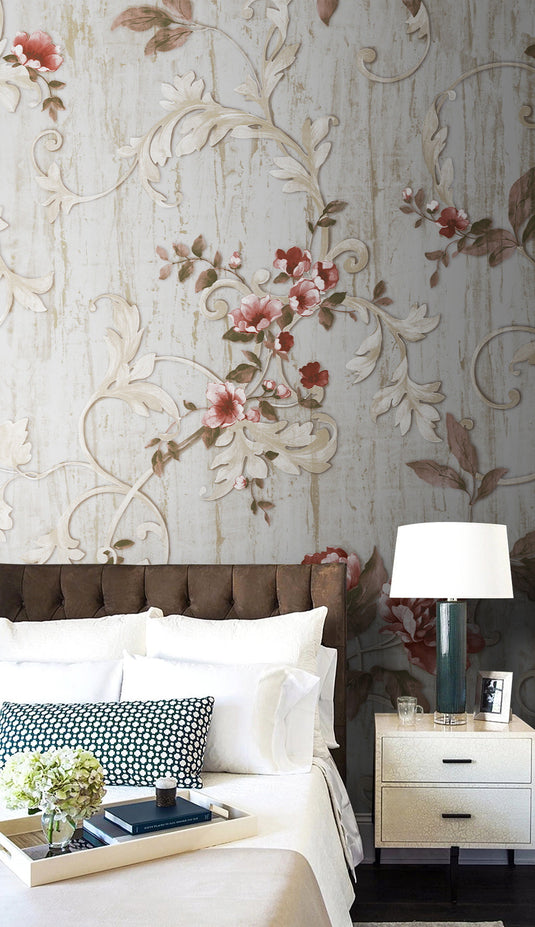 Red Floral Vales Wallpaper Mural-GraffitiWallArt