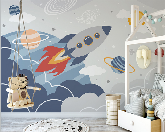 Rocket to Space over Earth Nursery Wallpaper-GraffitiWallArt