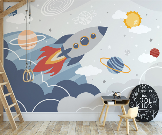 Rocket to Space over Earth Nursery Wallpaper-GraffitiWallArt