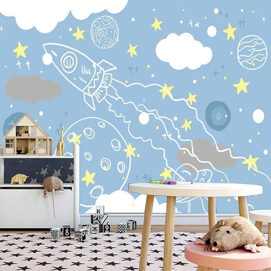 Rocket to Space Sketch Nursery Wallpaper-GraffitiWallArt