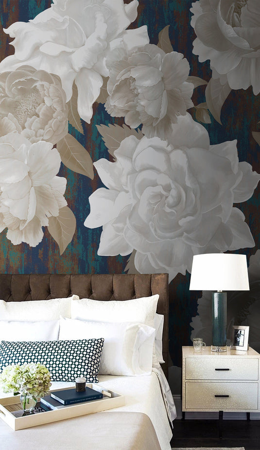 Roses are White Floral Wallpaper Mural-GraffitiWallArt