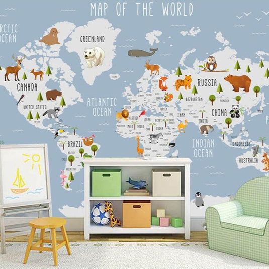 Skyland Nursery Light Blue and White World Map Wallpaper-GraffitiWallArt