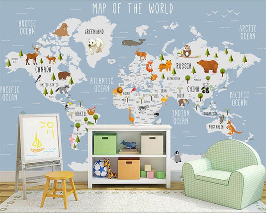 Skyland Nursery Light Blue and White World Map Wallpaper-GraffitiWallArt