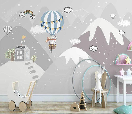 Snowy Peaks & Balloon Skies - Adventure-Inspired Wallpaper-GraffitiWallArt