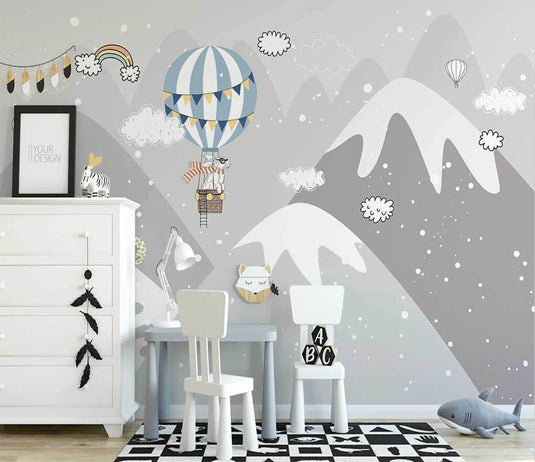 Snowy Peaks & Balloon Skies - Adventure-Inspired Wallpaper-GraffitiWallArt