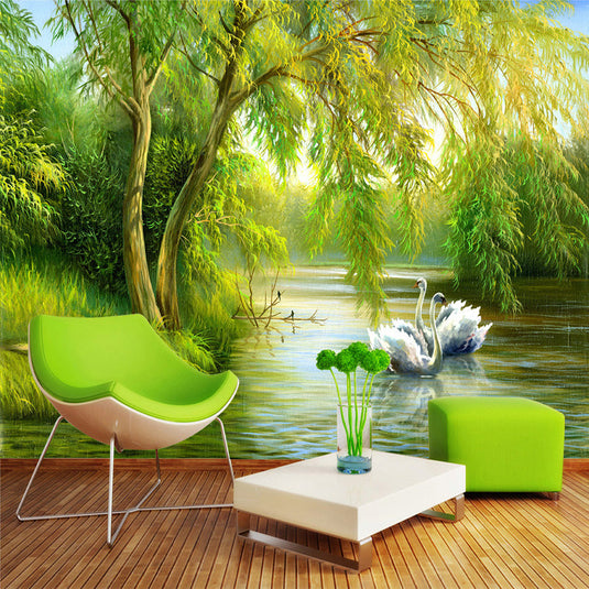 Swans in Lake Wallpaper - Transform Your Space-GraffitiWallArt