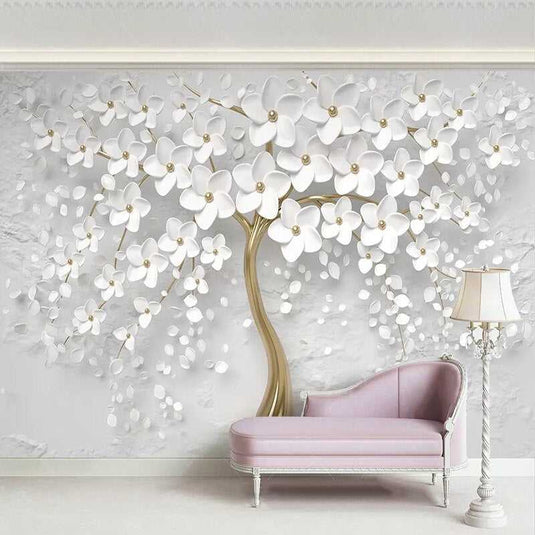 Tree with White Flowers Wallpaper - Stunning Nature Wall Art-GraffitiWallArt