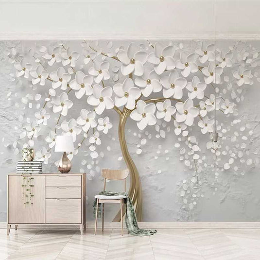 Tree with White Flowers Wallpaper - Stunning Nature Wall Art-GraffitiWallArt