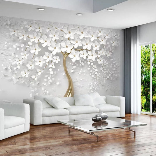 Tree with White Flowers Wallpaper - Stunning Nature Wall Art-GraffitiWallArt