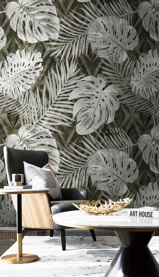 Tropical Leaves Ambush Wallpaper Mural-GraffitiWallArt