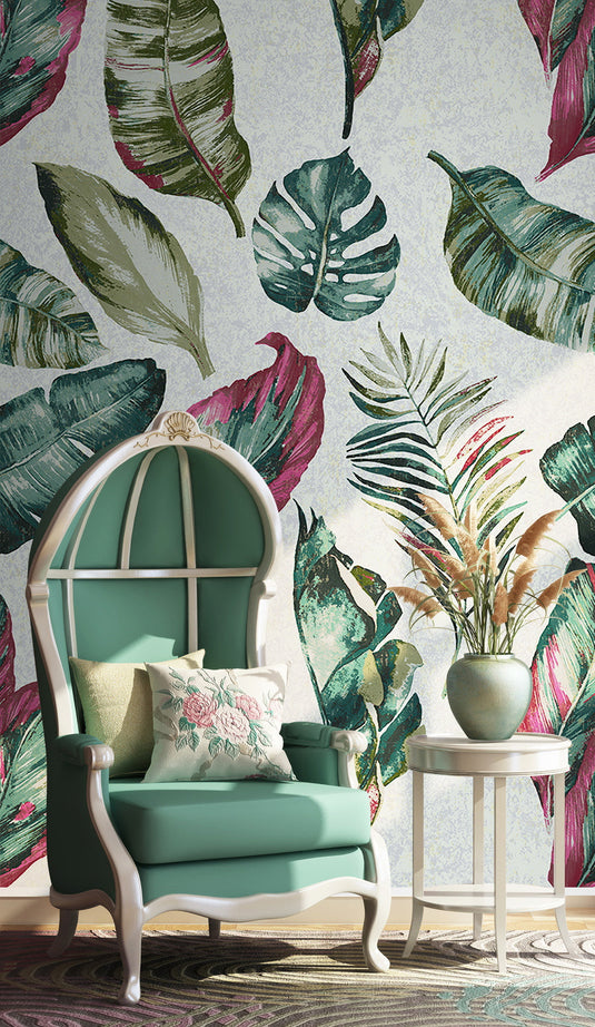 Tropical Leaves Paradise Wallpaper Mural-GraffitiWallArt