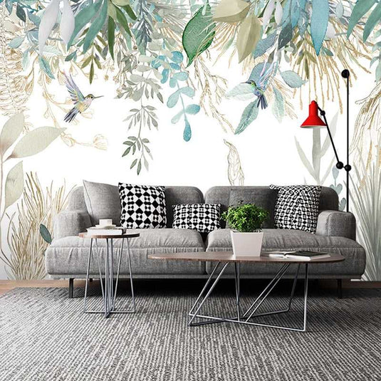 Tropical Plant Leaves Flowers And Birds Wallpaper Mural-GraffitiWallArt