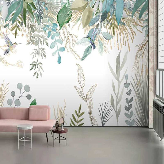 Tropical Plant Leaves Flowers And Birds Wallpaper Mural-GraffitiWallArt