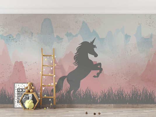 Unicorn in Mountains - Girls Room Wallpaper Mural-GraffitiWallArt