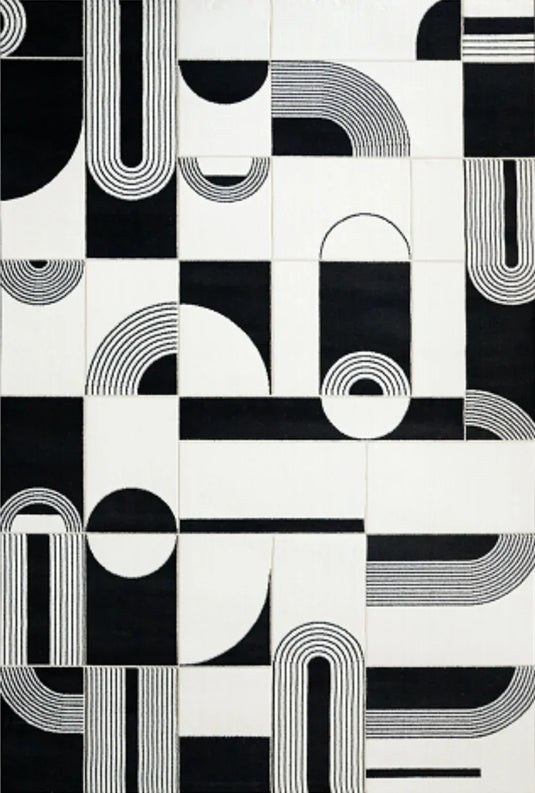 Abstract Black & White High Pile Tufted Rug