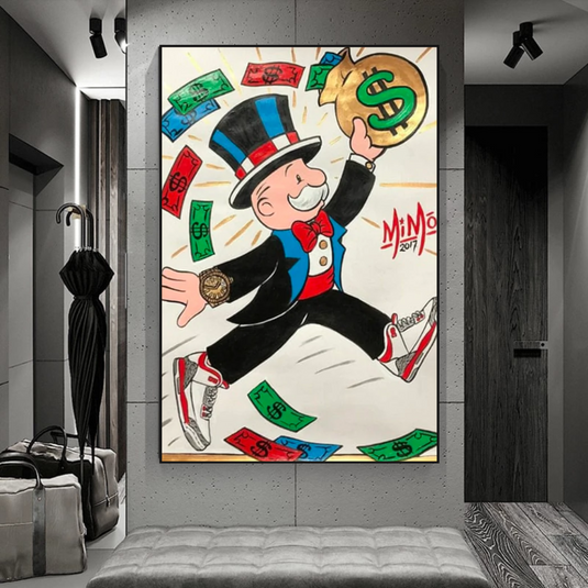 Vintage Alec Monopoly with money flying Canvas Wall Art-GraffitiWallArt