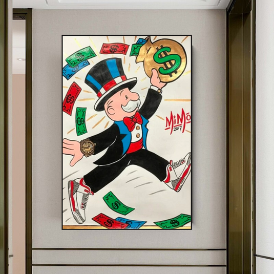 Vintage Alec Monopoly with money flying Canvas Wall Art-GraffitiWallArt