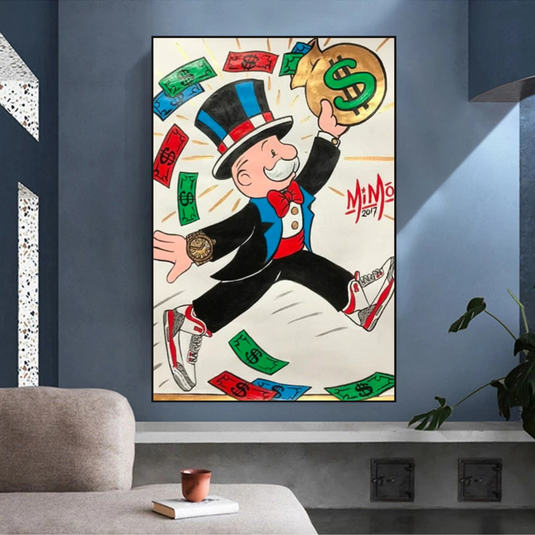 Vintage Alec Monopoly with money flying Canvas Wall Art-GraffitiWallArt