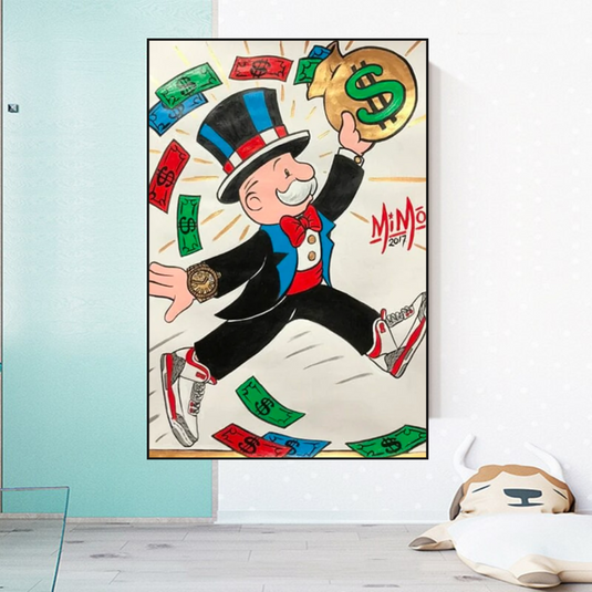 Vintage Alec Monopoly with money flying Canvas Wall Art-GraffitiWallArt