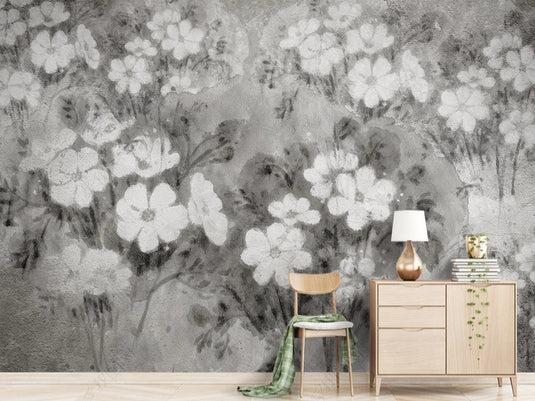 Vintage Black and White Flowers Wallpaper Mural-GraffitiWallArt