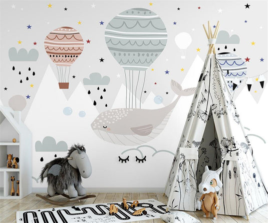 Whale and Air Balloons Kids Room Wallpaper Mural-GraffitiWallArt