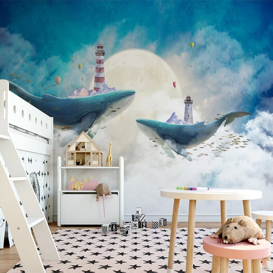 Whales Lighthouse Sky Blue White Clouds Wallpaper for Home Wall Decor-GraffitiWallArt