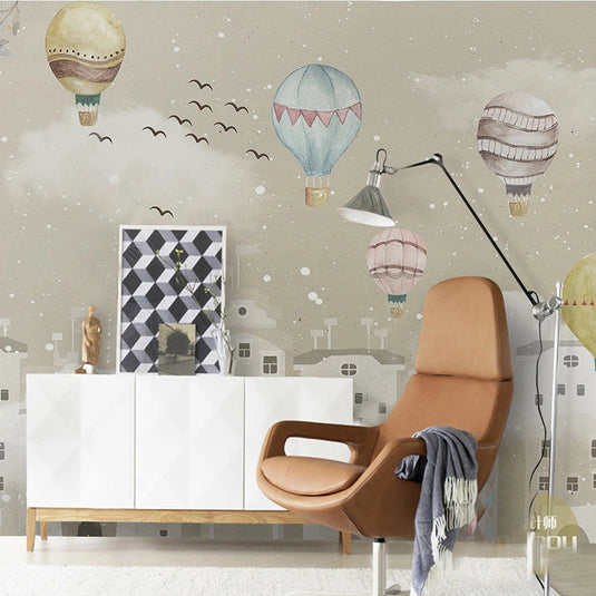 Whimsical Air Balloons Flying Nursery Wallpaper-GraffitiWallArt