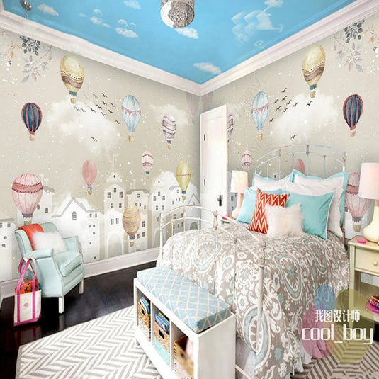 Whimsical Air Balloons Flying Nursery Wallpaper-GraffitiWallArt