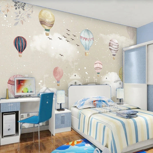 Whimsical Air Balloons Flying Nursery Wallpaper-GraffitiWallArt